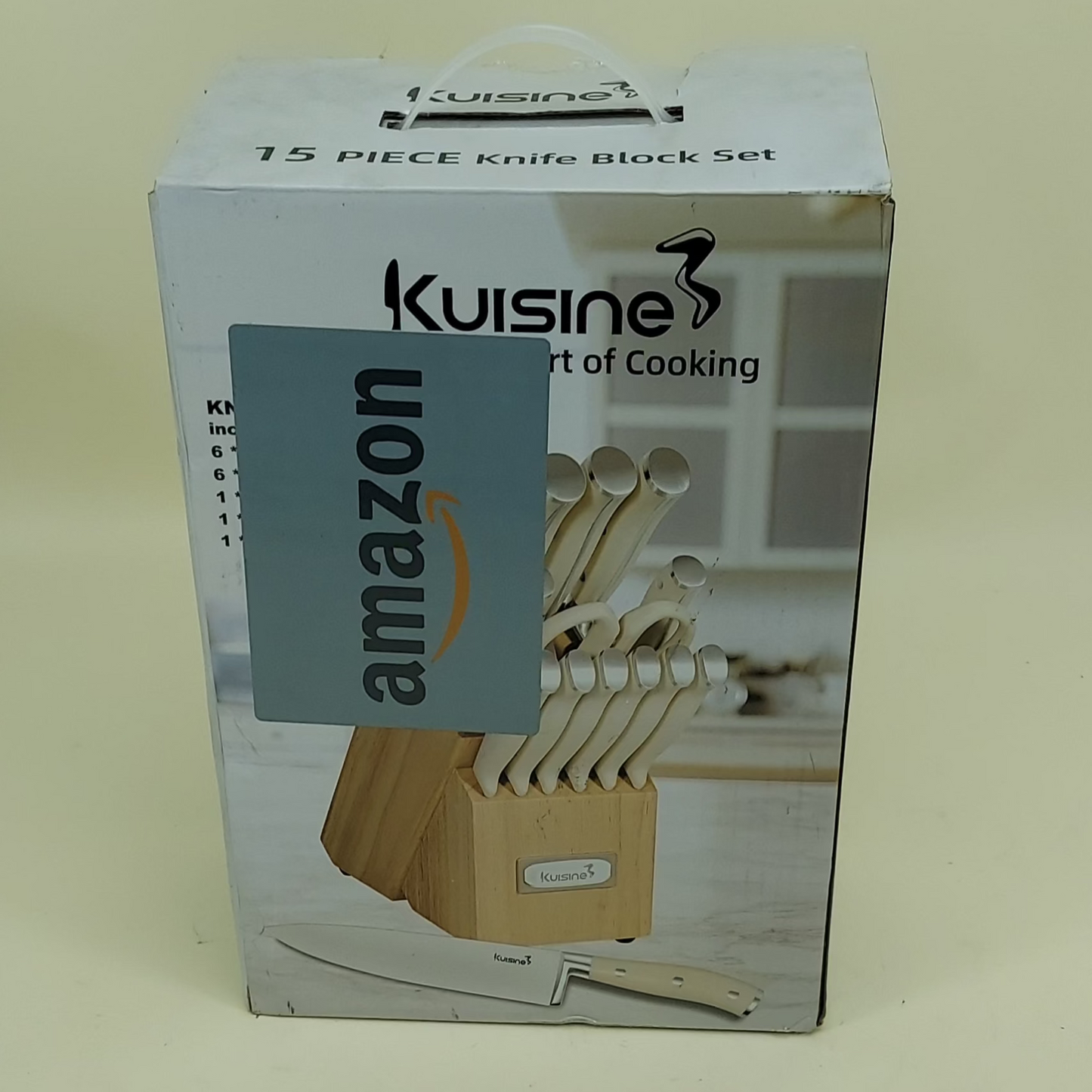 Kuisine 15 Piece Wood Block Ergonomic Knife Set w/ Built-In Sharpener - Ivory