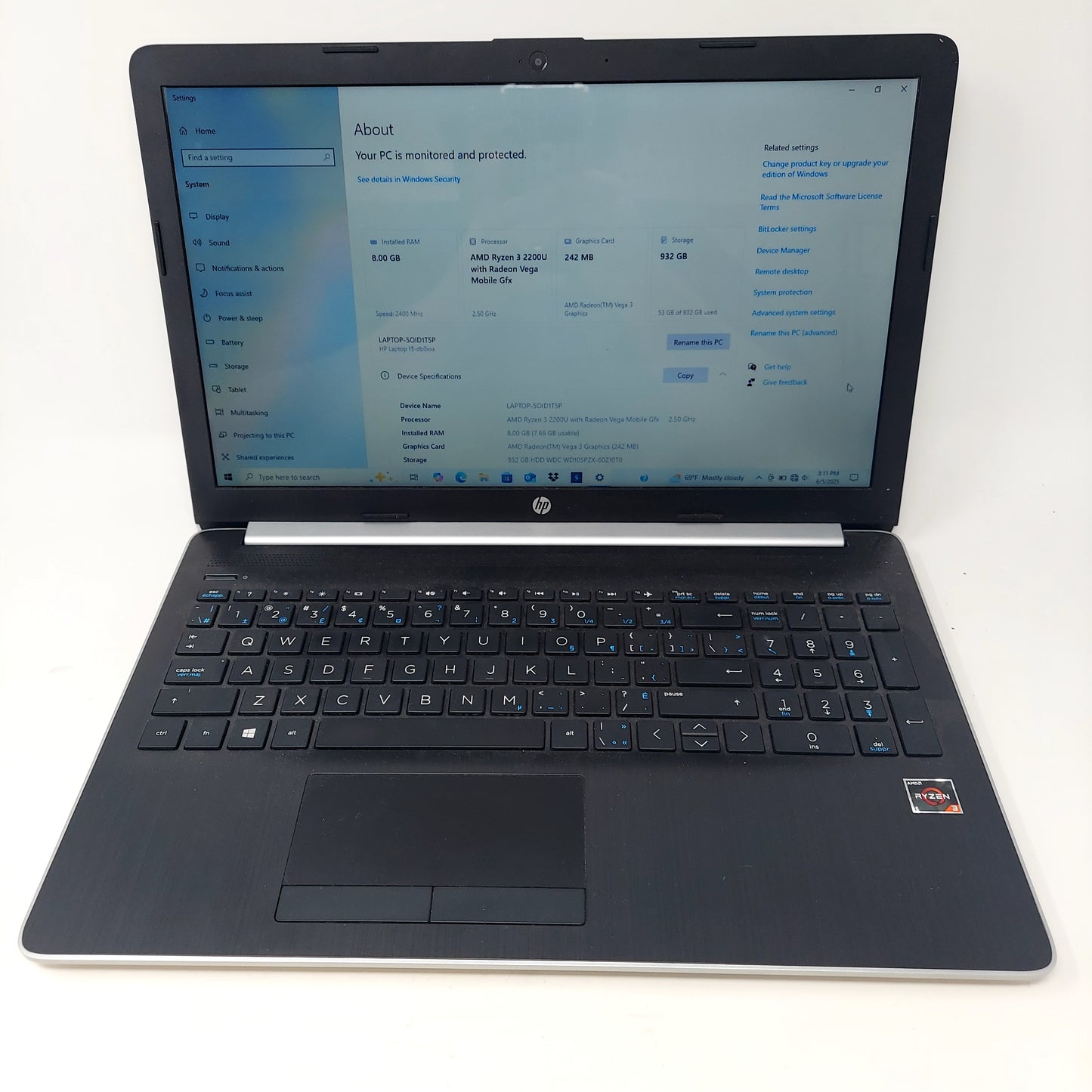 HP 15-db0003ca AMD Ryzen 3 2200U 2.5GHz 8GB RAM 1TB