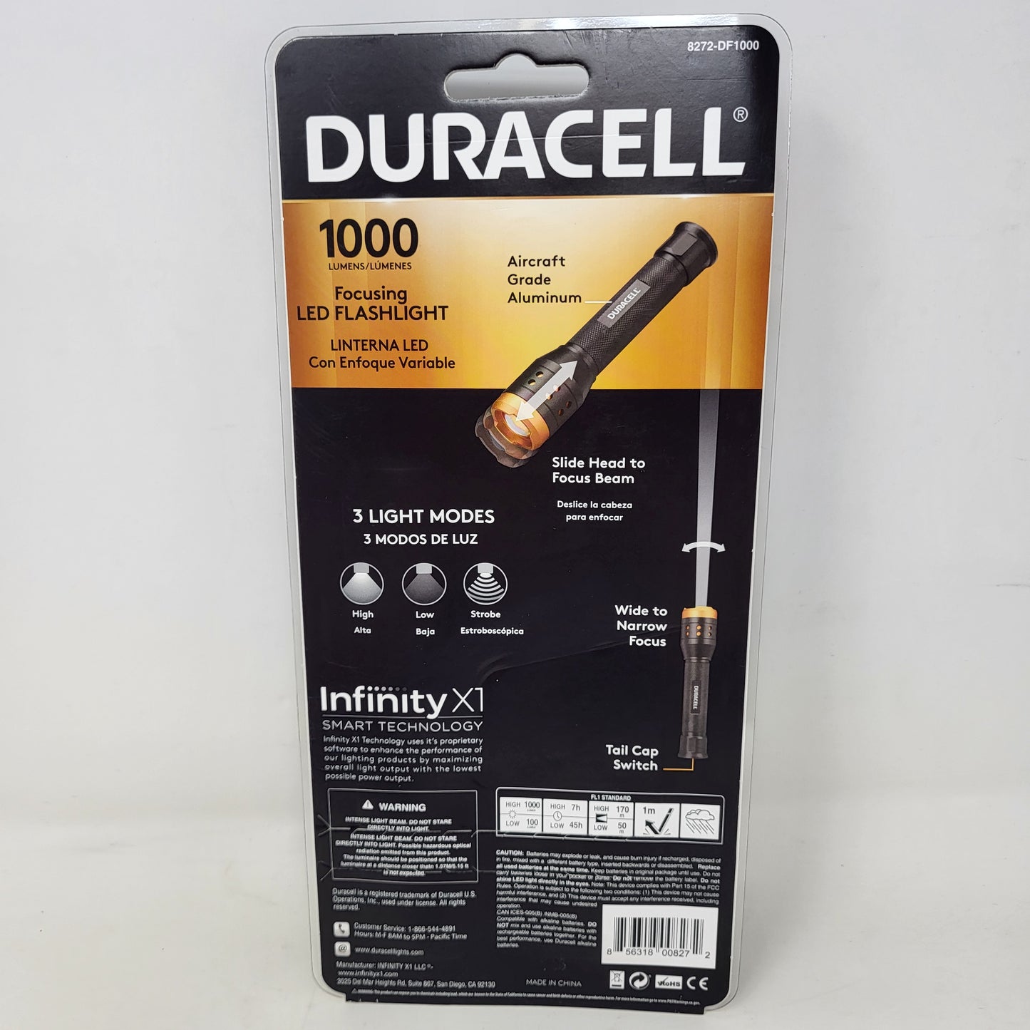 New Duracell  1000 Lumen Aluminum Focusing Flashlight