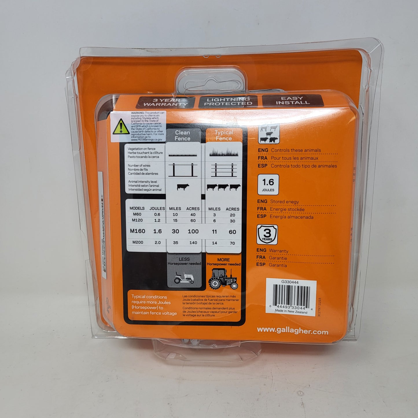 New Gallagher M160 110 Volt Electric Fence Energizer 30 Mi. Black/Orange