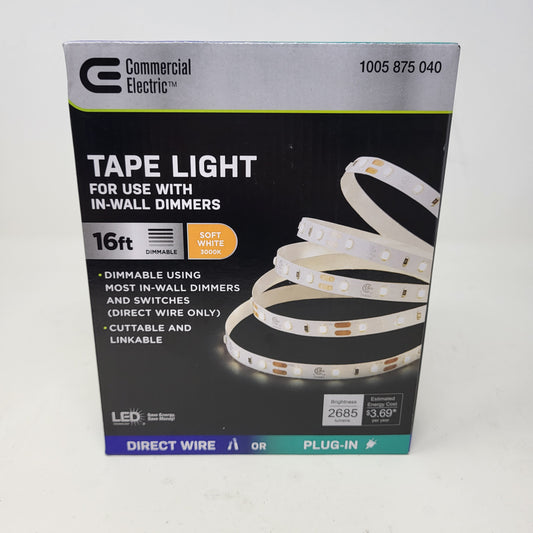 New Comercial Electric 1005 8785 040 16 Ft. LED AC Dimmable White Tape Light Kit