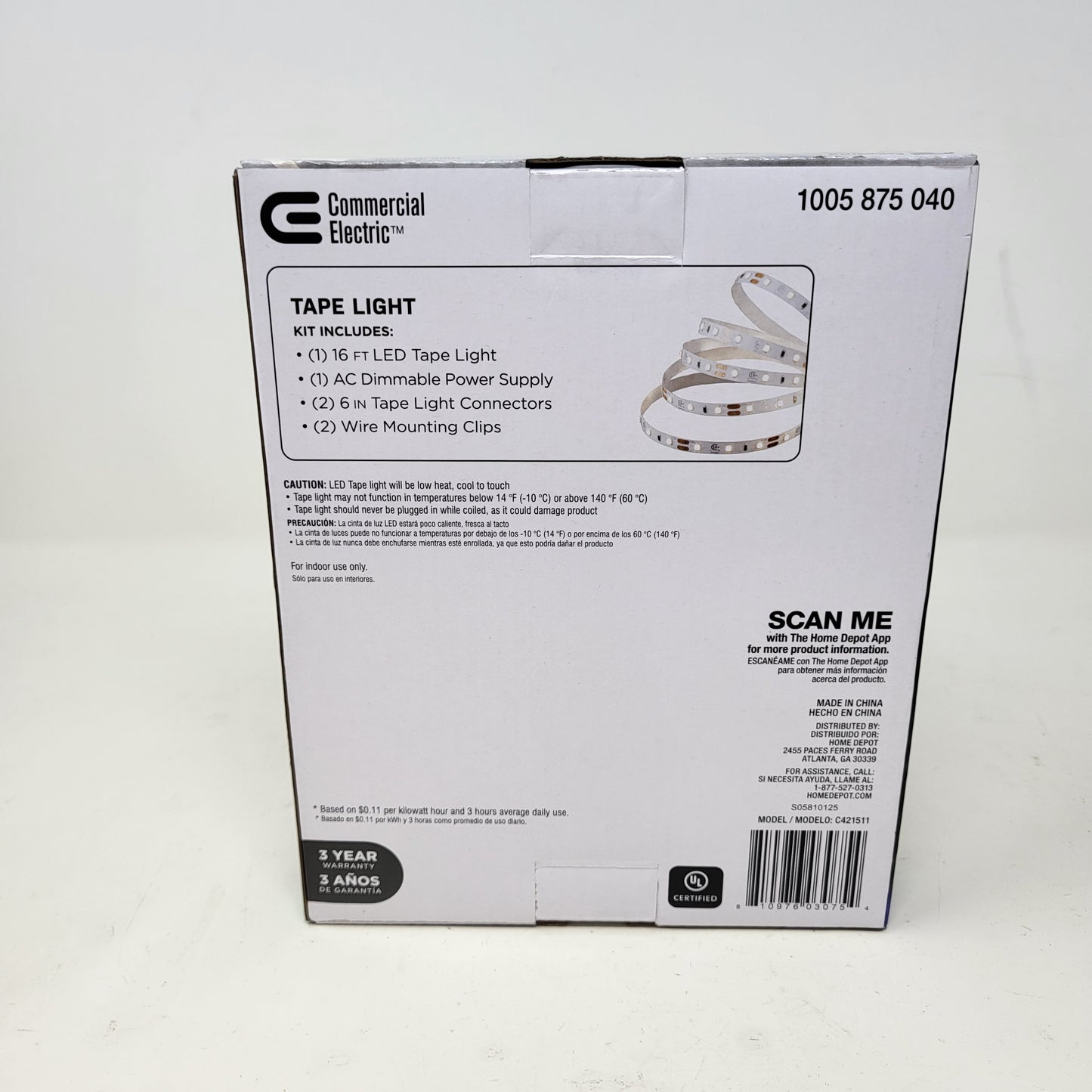 New Comercial Electric 1005 8785 040 16 Ft. LED AC Dimmable White Tape Light Kit