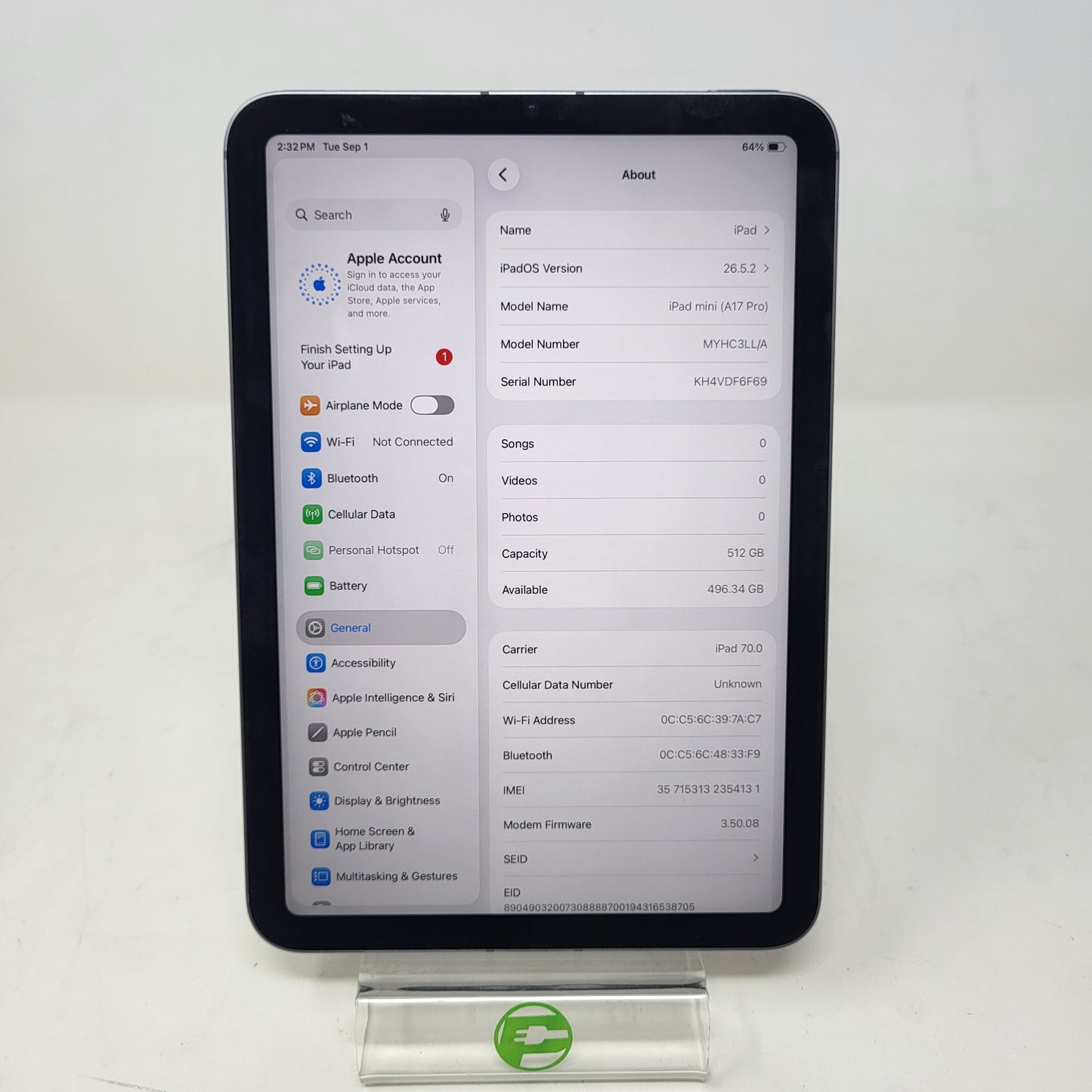 WiFi Only Apple iPad Mini (A17 Pro) 512GB Space Gray MYHC3LL/A