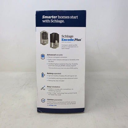 New Schlage Encode Plus Smart WiFi Deadbolt Camelot Satin Nickel BE499WBVCAM619