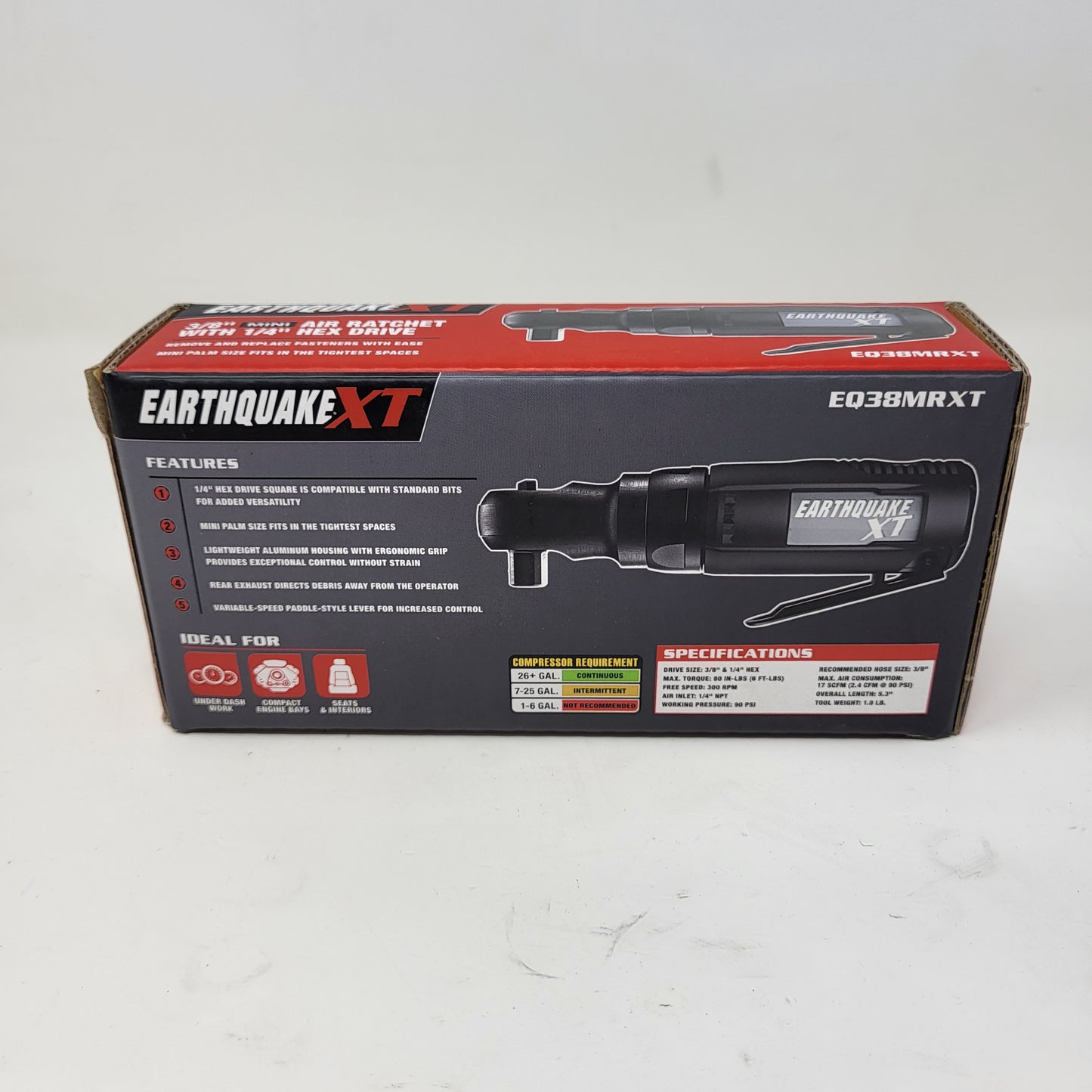 New Earthquake XT EQ38MRX 3/8" Mini Air Ratchet W/ 1/4" Hex Drive Pneumatic Tool