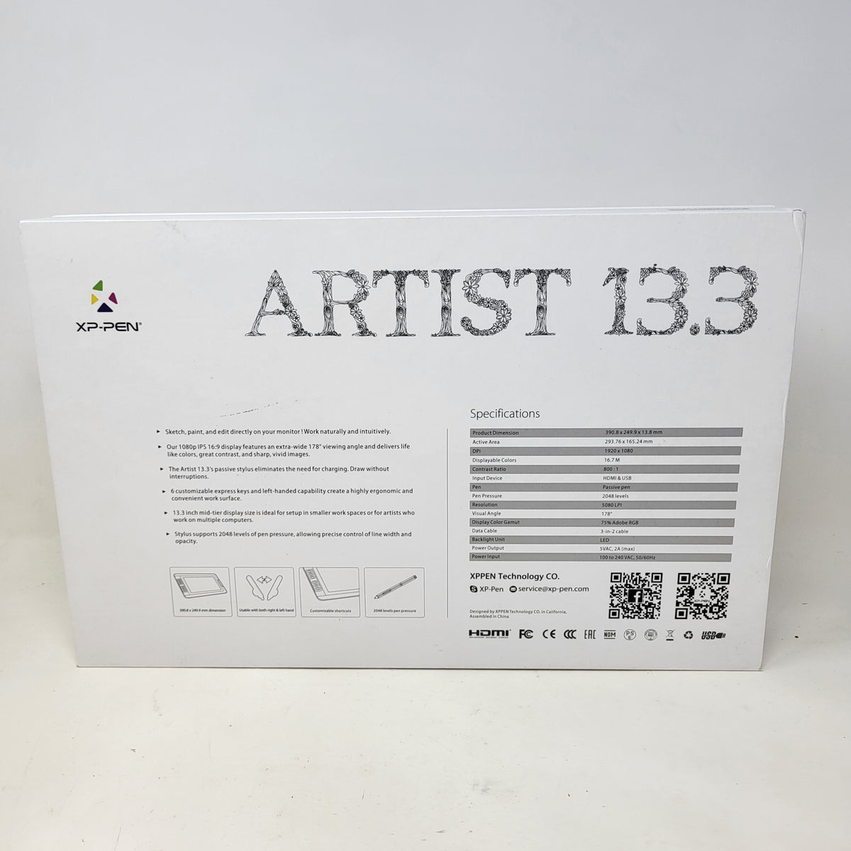 XP-PEN Artist 13.3 Graphics Tablet Pen Display Drawing Monitor, USB