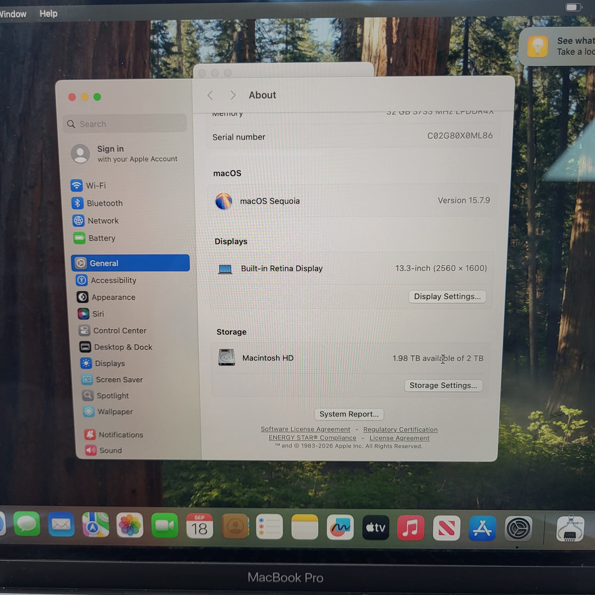 2020 Apple MacBook Pro 13.3" i7 2.3GHz 32GB RAM 2TB SSD Space Gray A2251