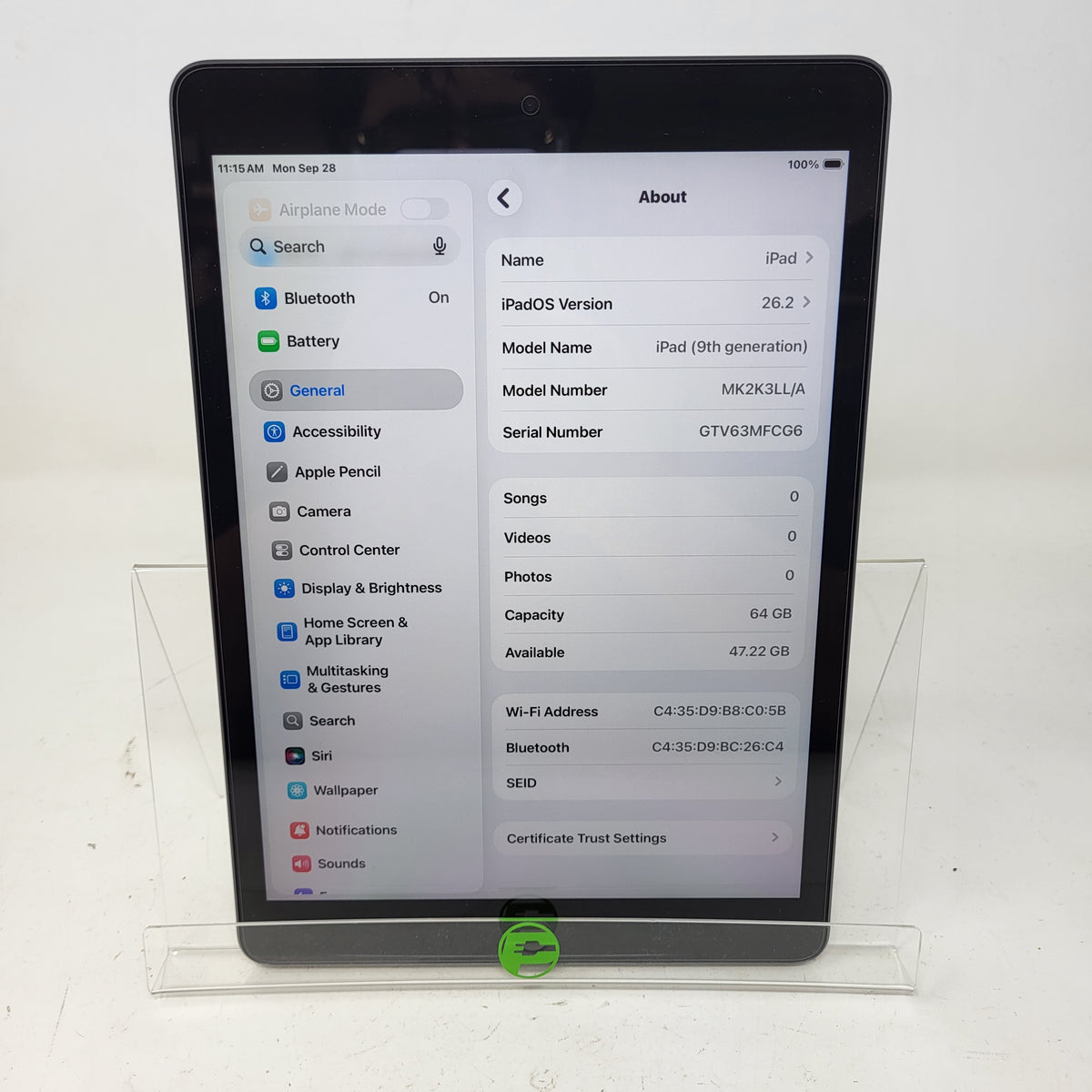 WiFi Only Apple iPad 9th Gen 64GB Space Gray MK2K3LL/A
