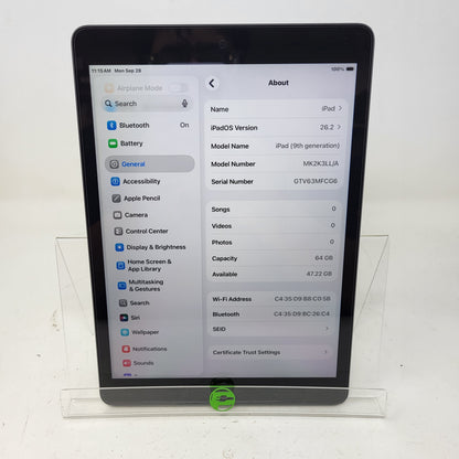WiFi Only Apple iPad 9th Gen 64GB Space Gray MK2K3LL/A