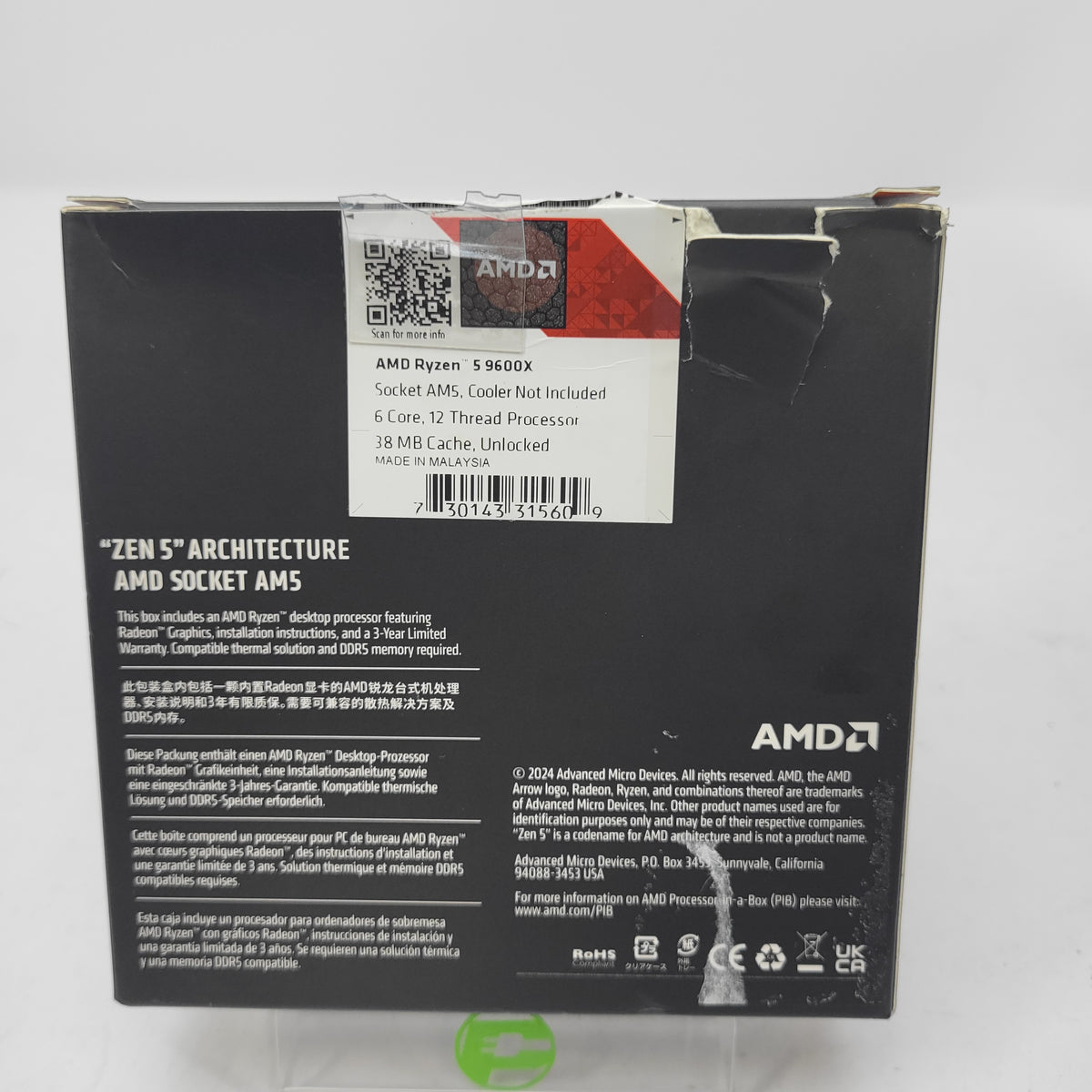 New AMD Ryzen 5 9600X 3.90GHz 6 Core 100-000001405 12 Thread AM5