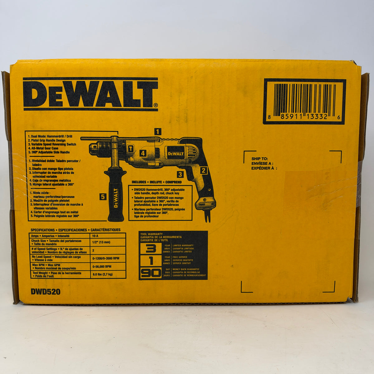 New DEWALT 10-Amps 1/2" Variable Speed Reversible Pistol Grip Hammer Drill