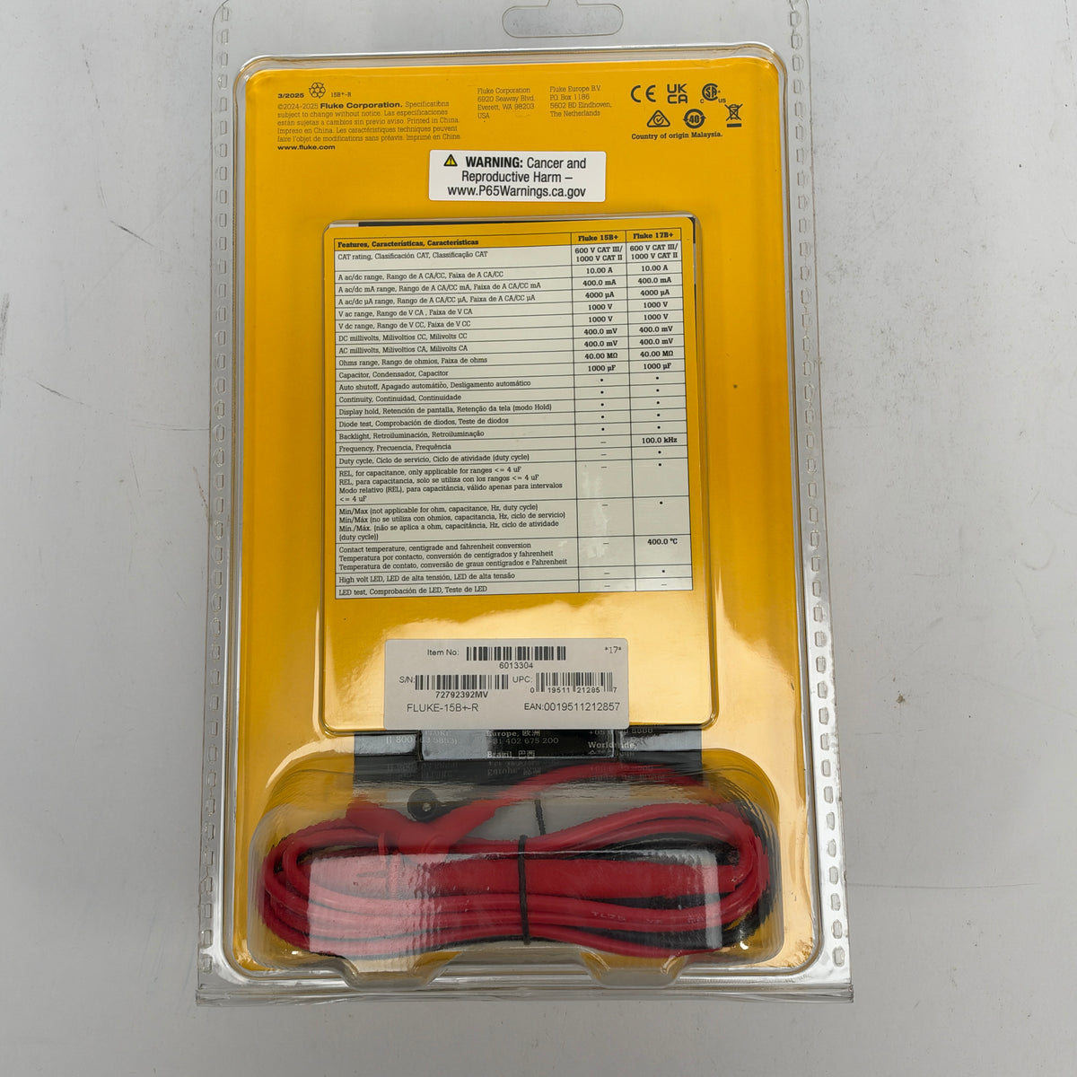 New Fluke 6013304 Multimeter 15B+ 1000 V LCD Yellow