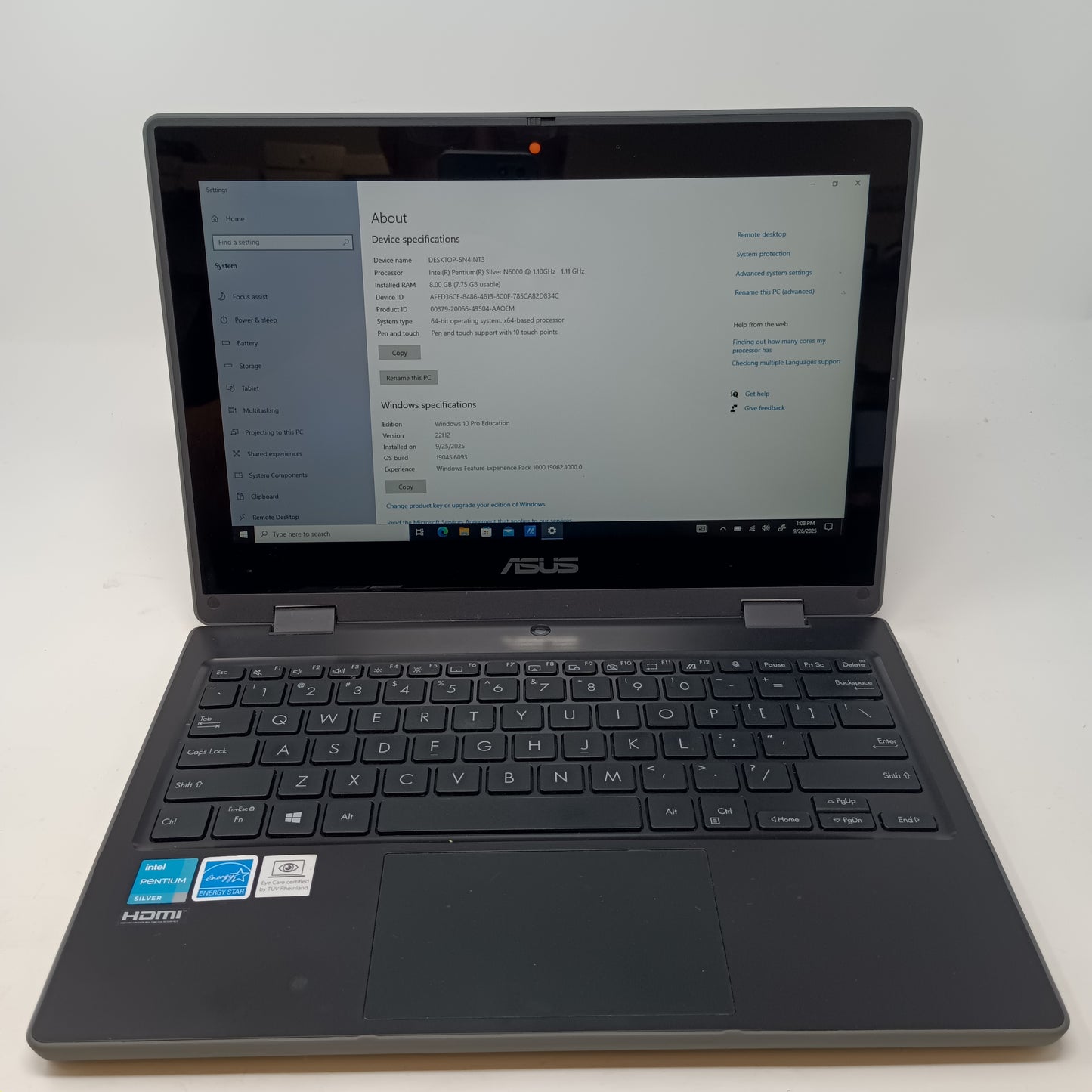 Asus BR1100fk BR1100FK 11.6 Intel Pentium Silver n6000 1.1GHz 8GB RAM 125GB HDD Intel UHD Graphics