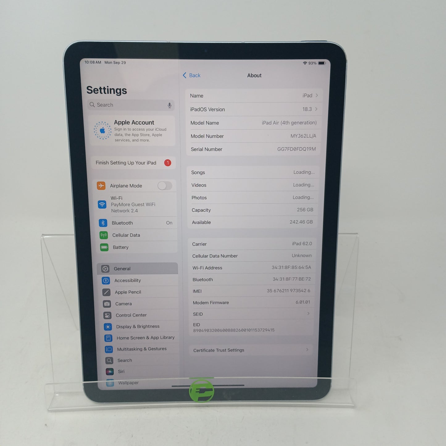 Unlocked Apple iPad Air 4th Gen 256GB Blue MYJ62LL/A