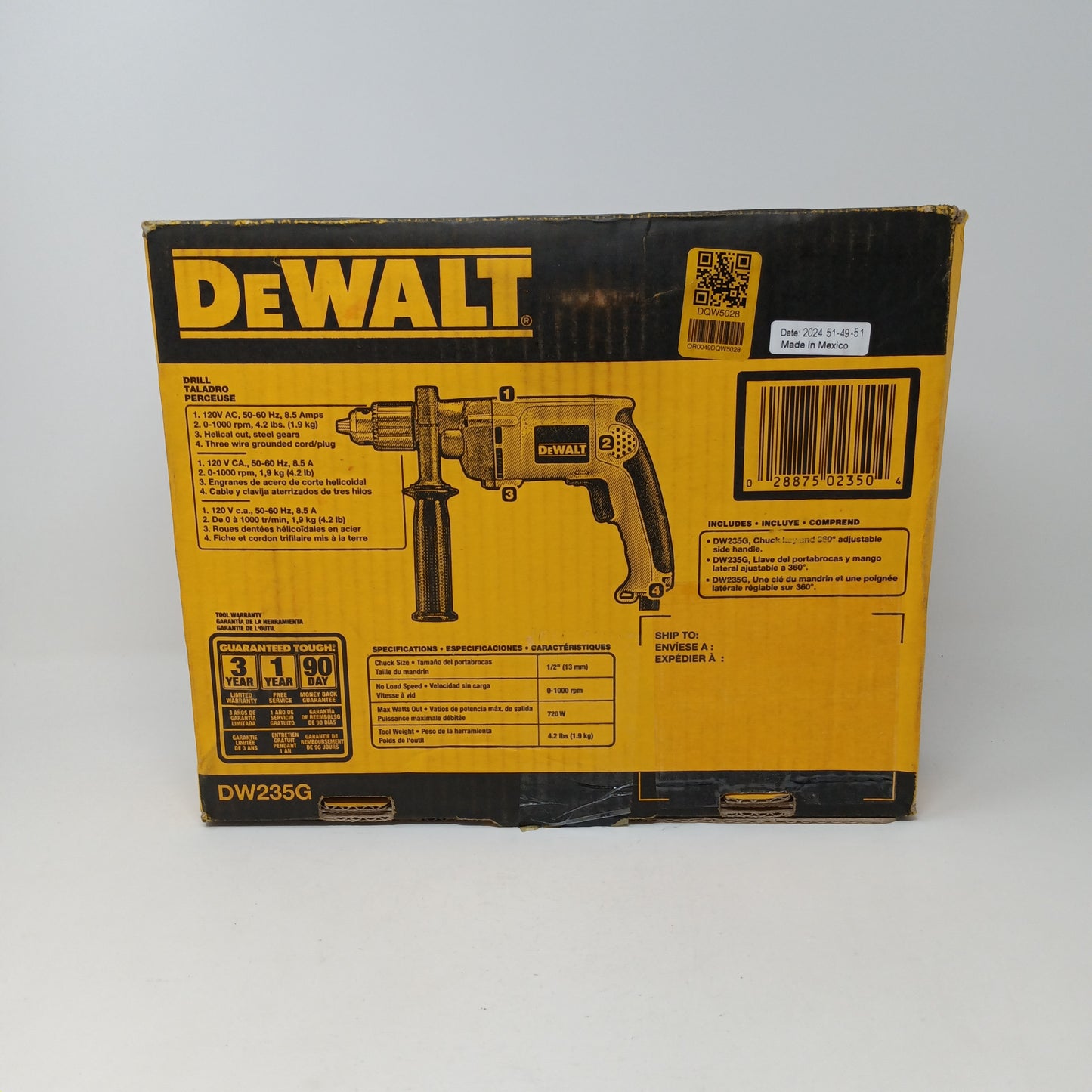DEWALT DW235G 1/2" 7.8 Amp Electric Corded VSR Variable Speed Drill