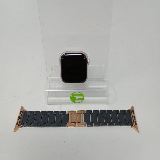 GPS Only Apple Watch Series 9 45MM Pink Aluminum Black Metal Band MR9N3LW/A