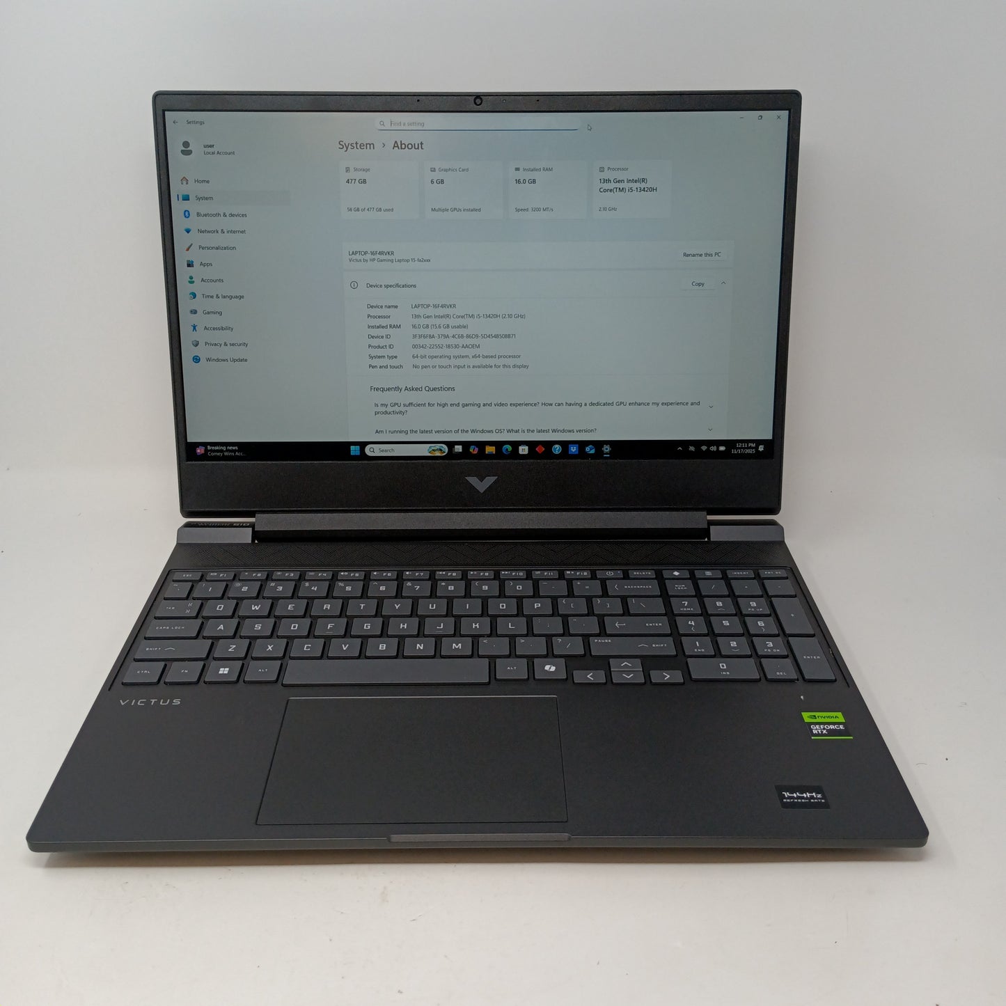 HP Victus 15-FA2082WM 15.6" i5-13420H 2.10GZ 16GB RAM 512GB SSD GeForce RTX 4050