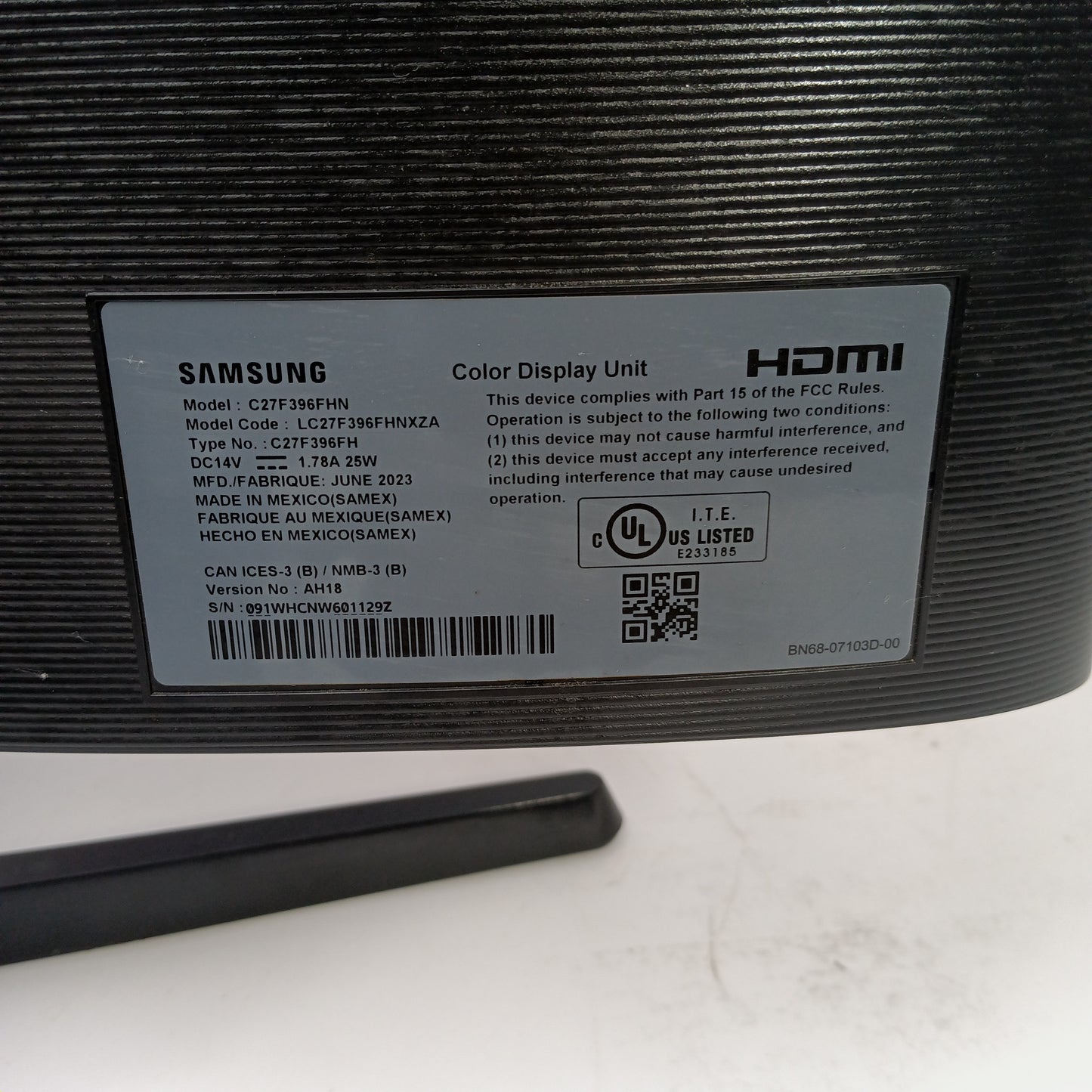 Samsung 27" C27F396FHNXZA FHD VA 60Hz Curved Gaming Monitor